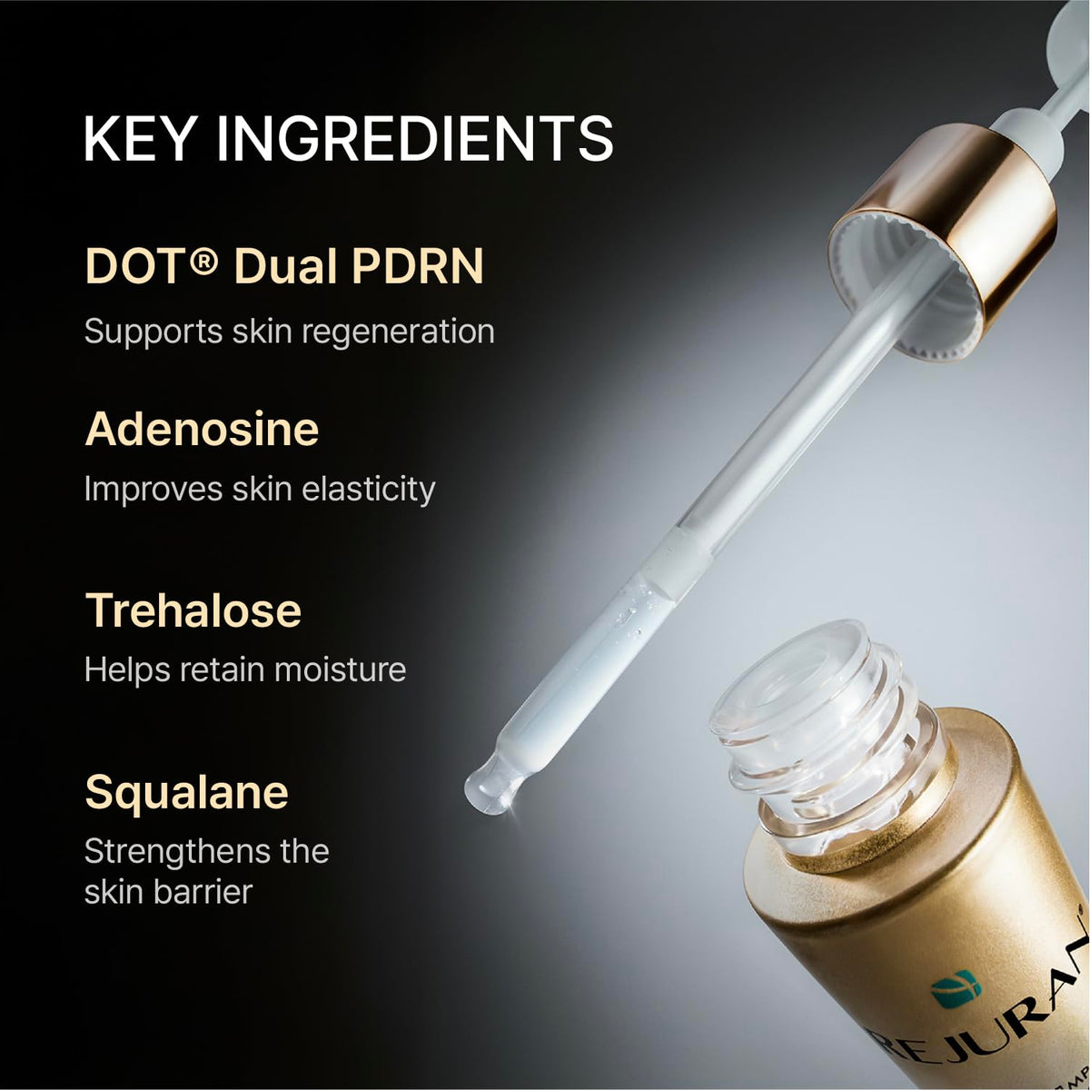 REJURAN ampoule next to common size object showing 1.69 fl oz capacity benefit