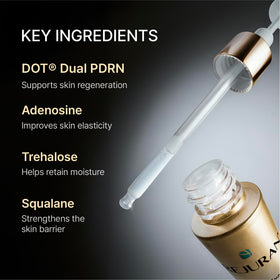 REJURAN ampoule next to common size object showing 1.69 fl oz capacity benefit