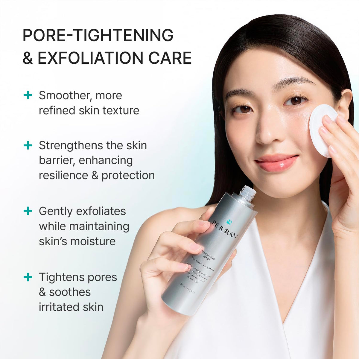 REJURAN toner being poured into a hand to demonstrate lightweight, fast-absorbing hydration