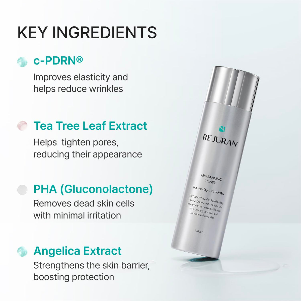 REJURAN toner next to ruler showing 4.05 fl oz size for scale and travel planning