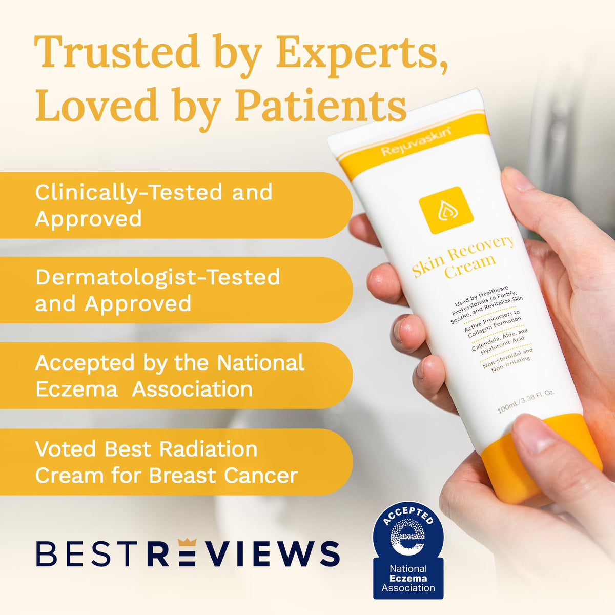 Rejuvaskin size comparison in hand showing 100 ml travel-friendly recovery cream