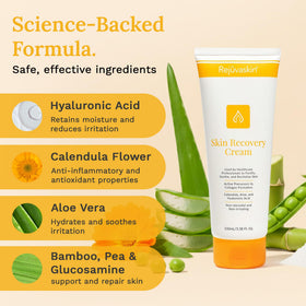 Rejuvaskin tube open dispensing cream to illustrate easy application and non-greasy feel