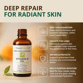 RejuveNaturals dropper pouring silky vitamin E oil for precise dosing