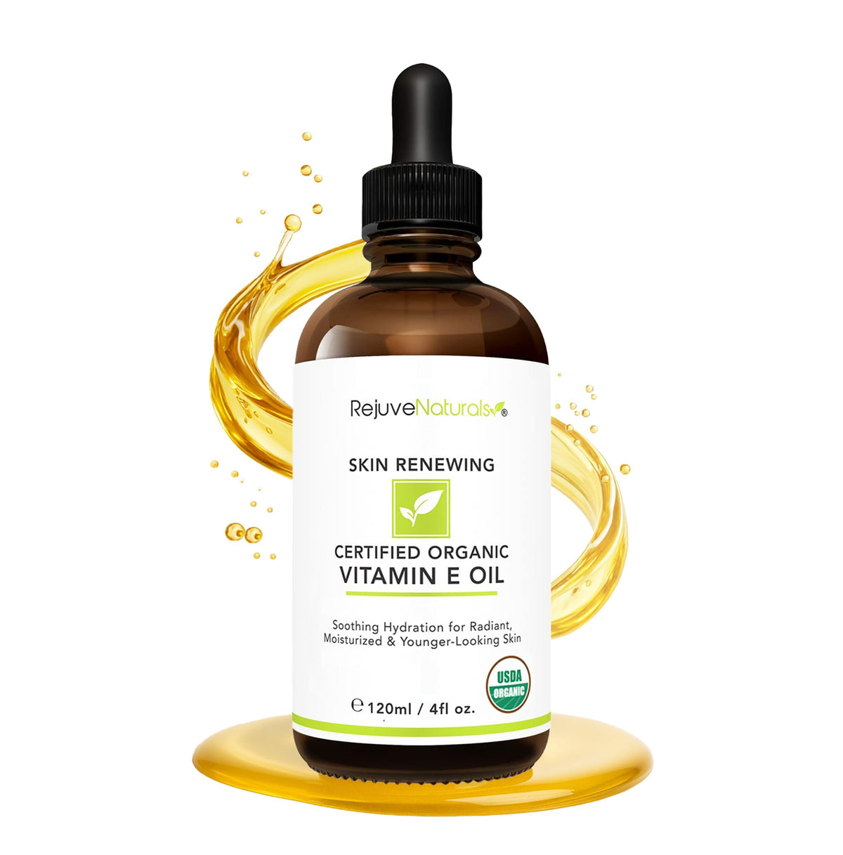 RejuveNaturals bottle front label showing organic vitamin E oil benefits