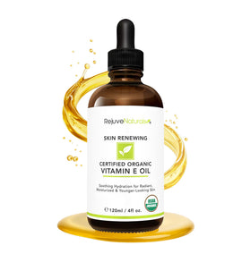 RejuveNaturals bottle front label showing organic vitamin E oil benefits