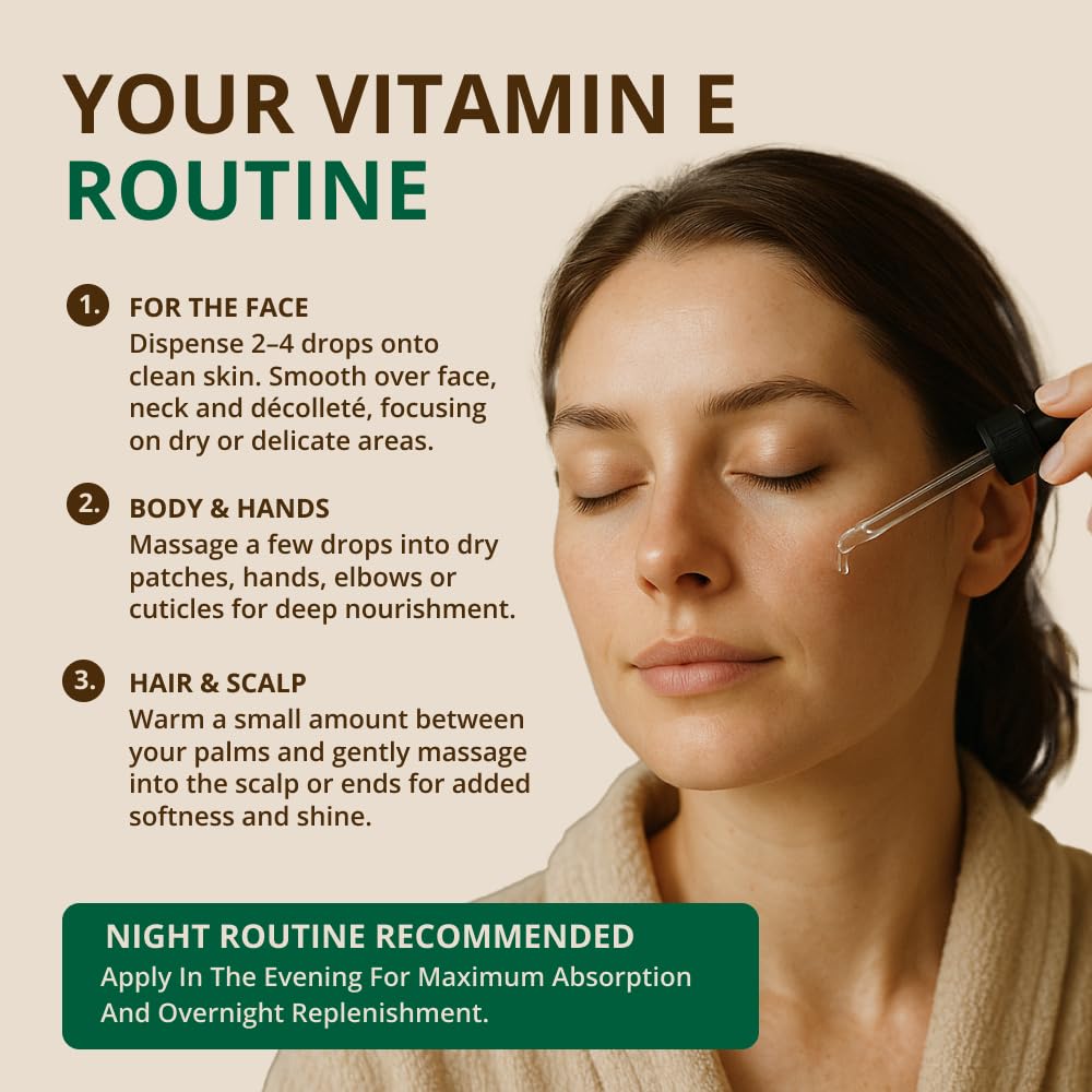 Close-up of RejuveNaturals Vitamin E oil texture highlighting lightweight absorption