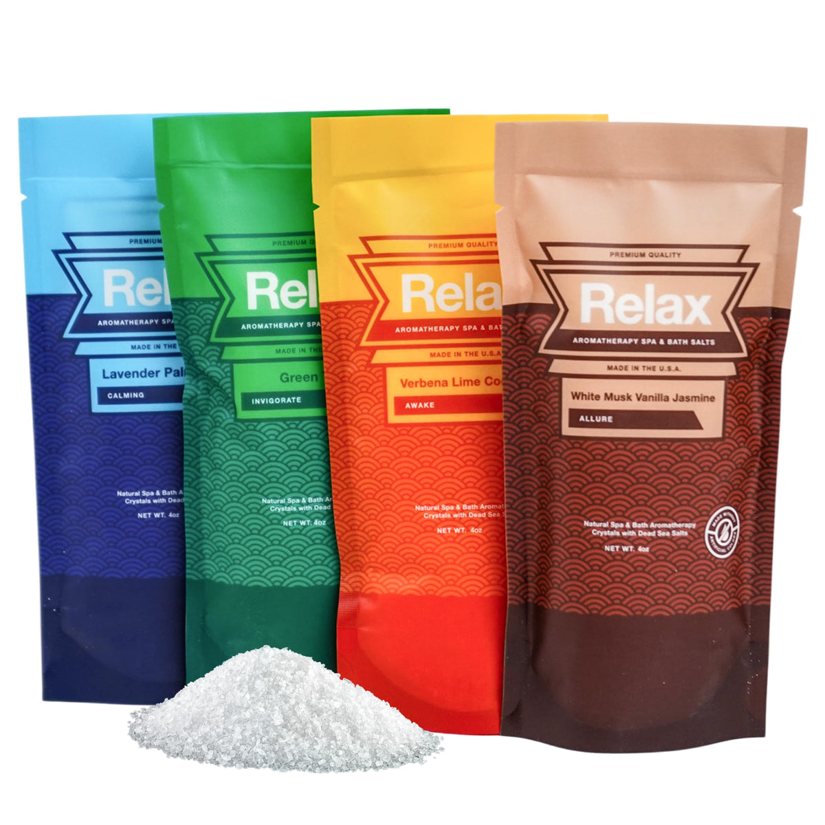 Relax Spa & Bath front packaging showing the four single-use sachets and benefits
