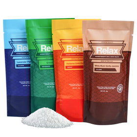 Relax Spa & Bath front packaging showing the four single-use sachets and benefits