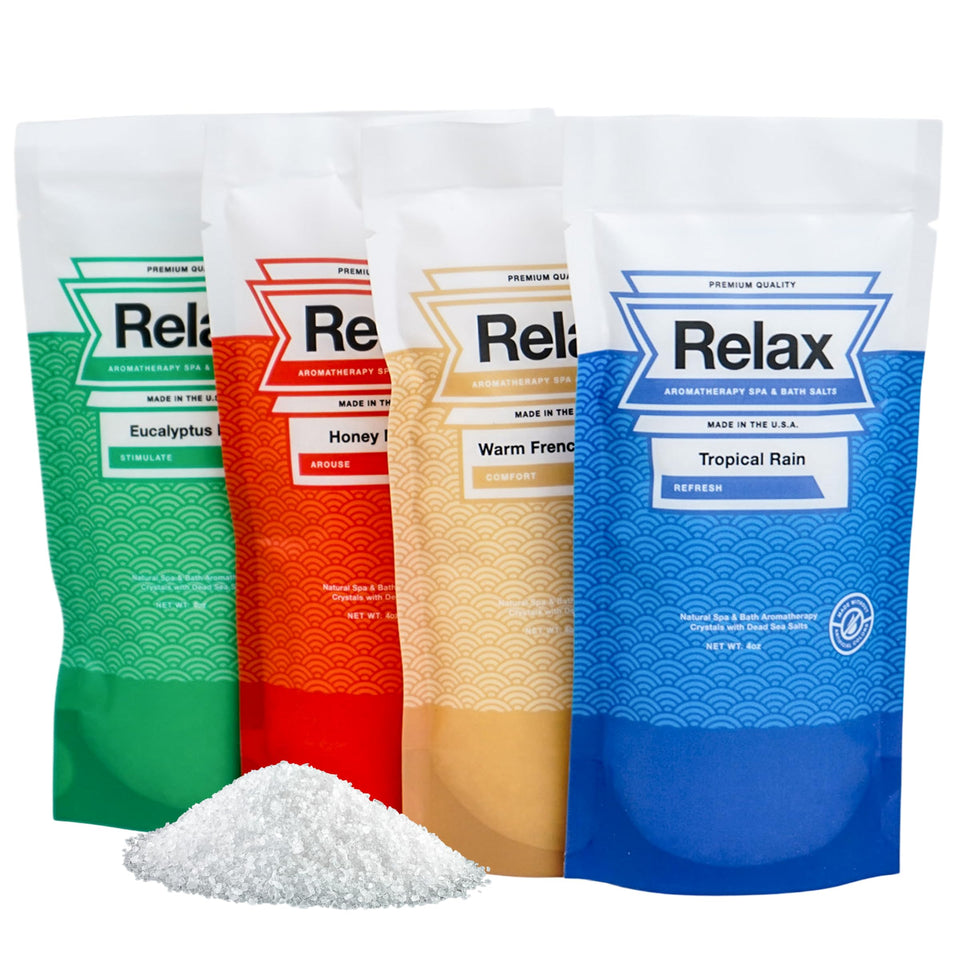 Relax Spa & Bath four-pouch collection front view showcasing all scents and packaging convenience