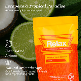 Relax Spa & Bath verbena lime coconut in a tub scene illustrating tropical uplift benefits