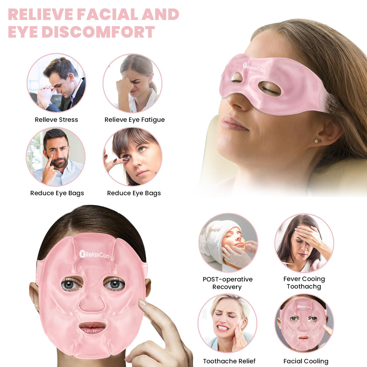 RelaxCoo eye mask and two eye packs laid out for targeted cooling