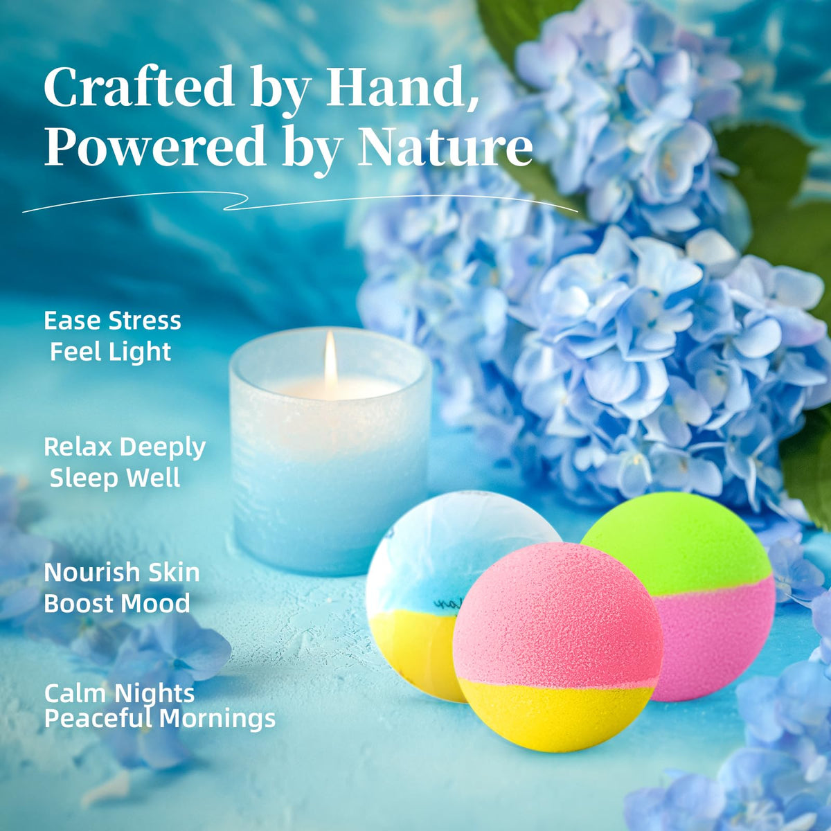 RelaxRose assortment of ten bath bombs in five scented varieties displayed
