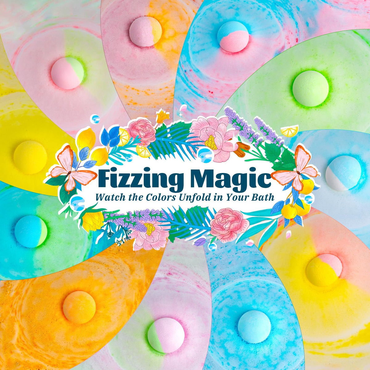 RelaxRose fizzing colorful bath bomb in tub creating vibrant foam and relaxation