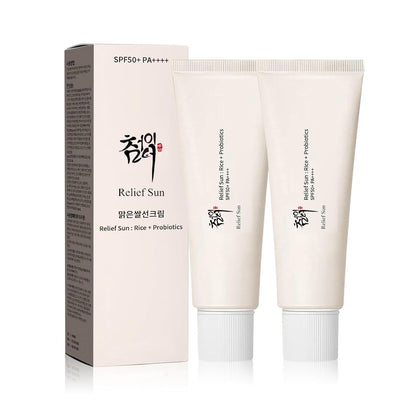 RELIEF SUN front packaging tube showing travel-friendly size and clear SPF benefit