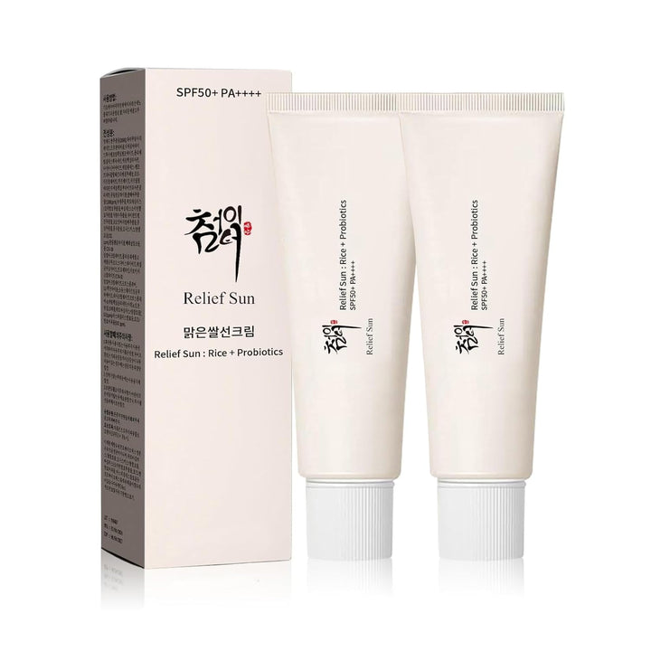 RELIEF SUN front packaging tube showing travel-friendly size and clear SPF benefit