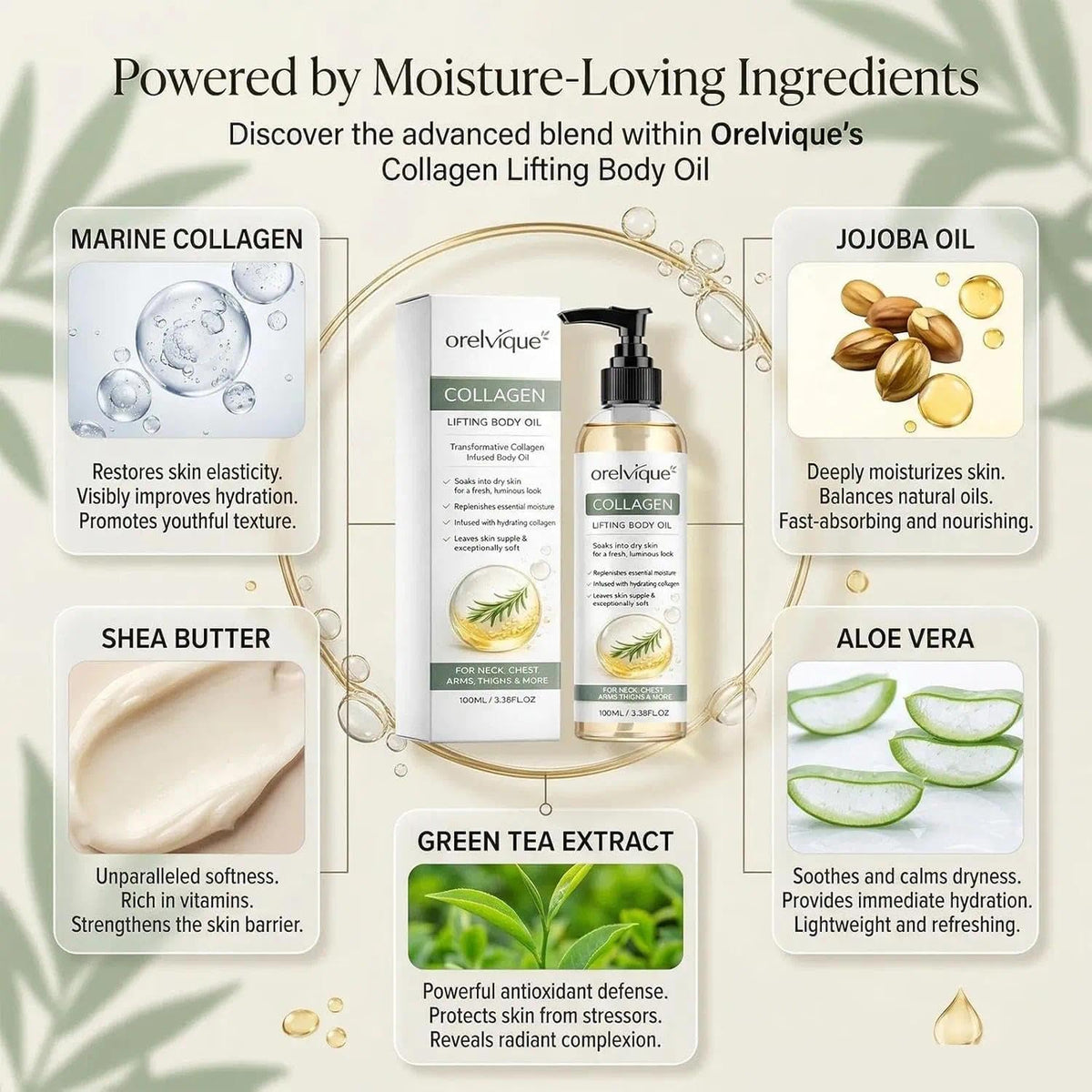 Relify Orelvique applied to neck illustrating smooth upward massage and hydrated look