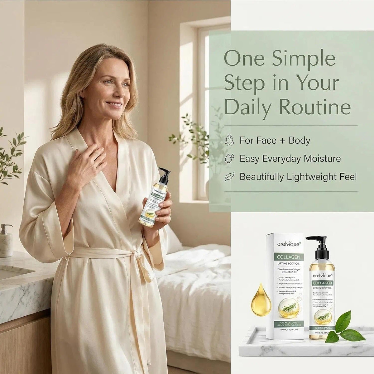 Relify Orelvique ingredients flatlay with marine collagen and botanicals conveying nourishment