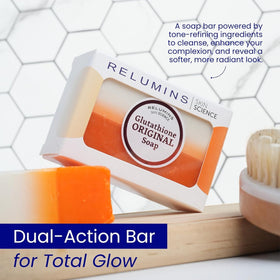 Relumins bars on bathroom shelf suggesting routine and organized storage