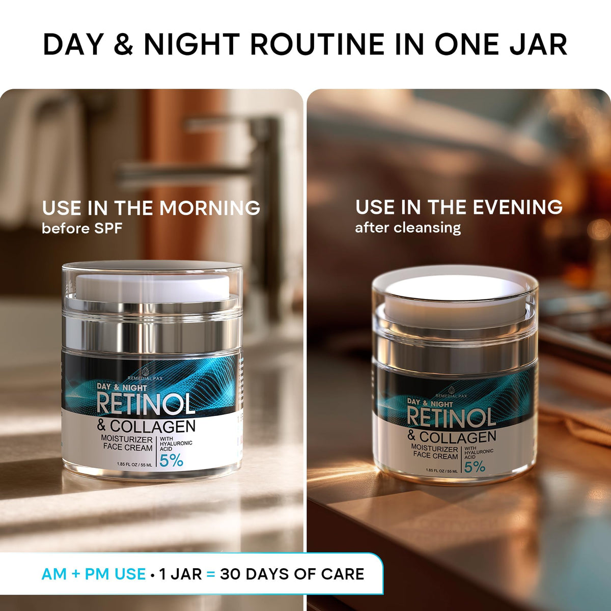 REMEDIAL PURITY AESTHETICS EXPERIENCE lifestyle bathroom scene showing daily morning and evening use