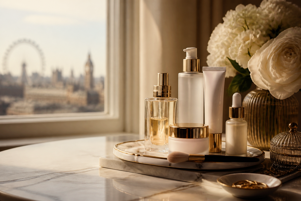 Cosmetic bottles and jars on a tray beside a window