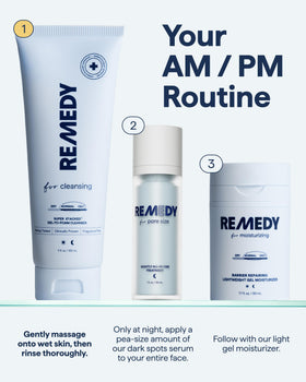 Remedy Science bottle on bath shelf conveying routine-friendly design