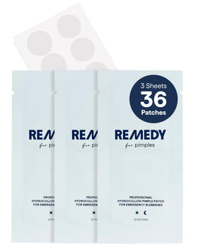 Remedy Science front packaging showing 36 hydrocolloid pimple patches and brand logo for quick identification
