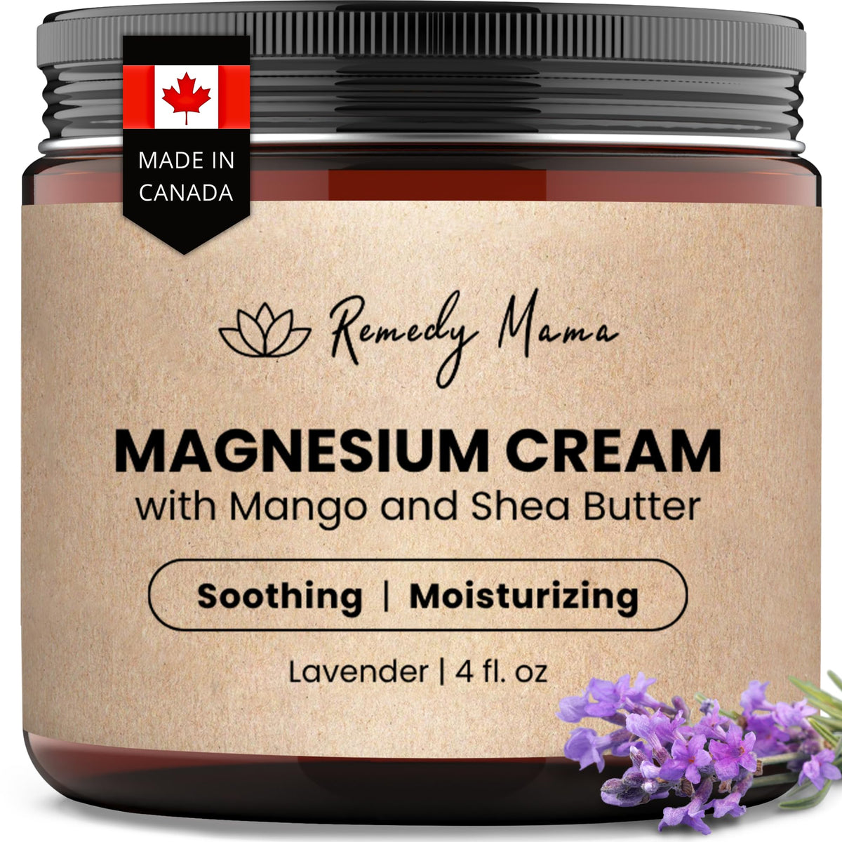 Remedy Mama front packaging 4oz glass jar showing label and lavender scent benefit