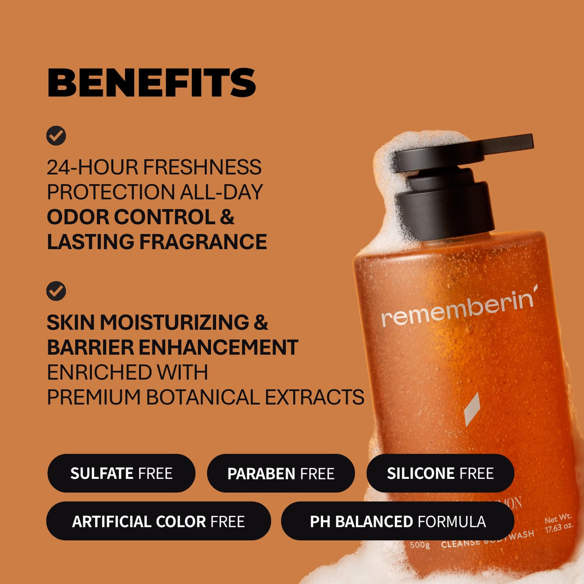 Rememberin natural ingredient display with rosemary tea tree and cica supporting skin barrier