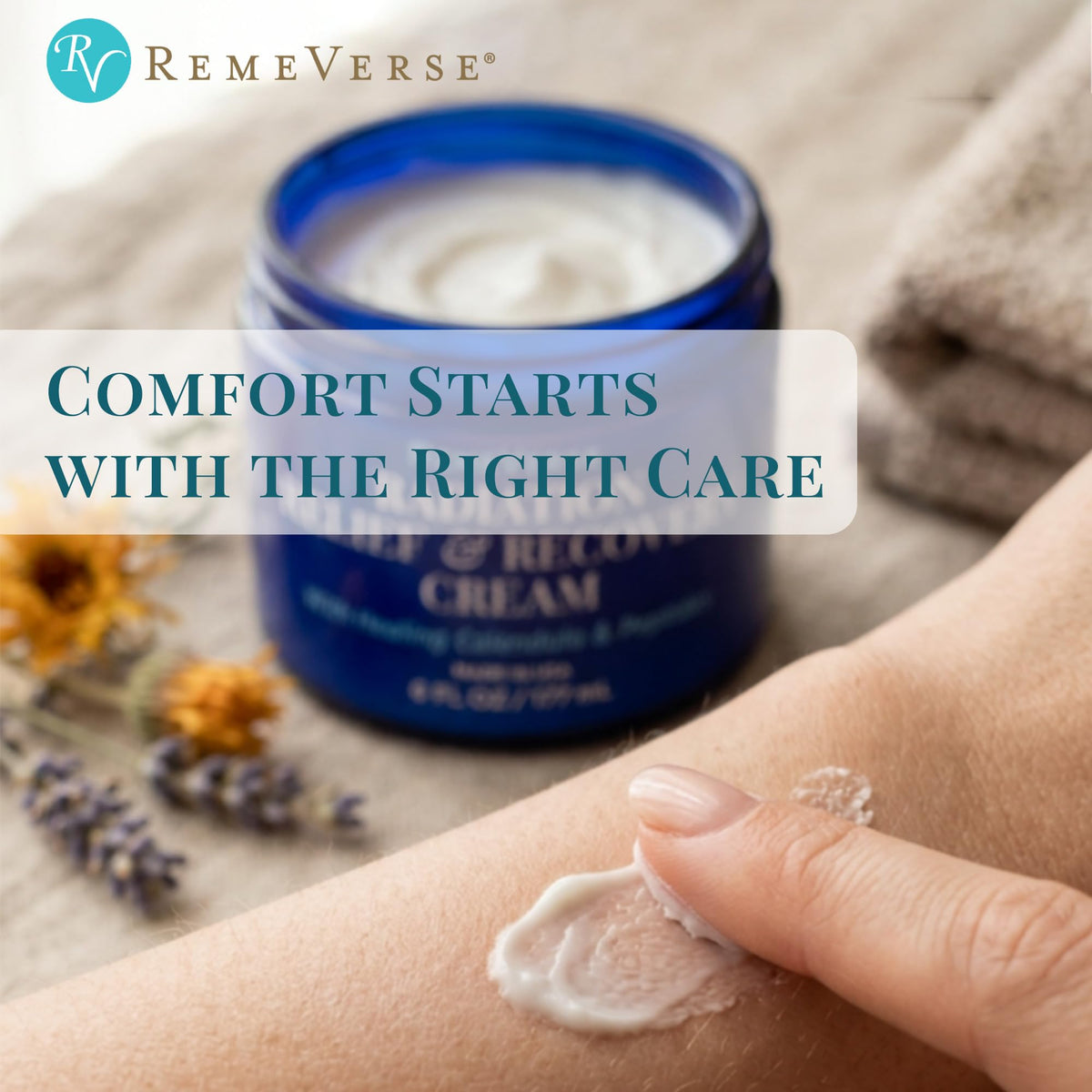RemeVerse label closeup highlighting hyaluronic acid and calendula benefit