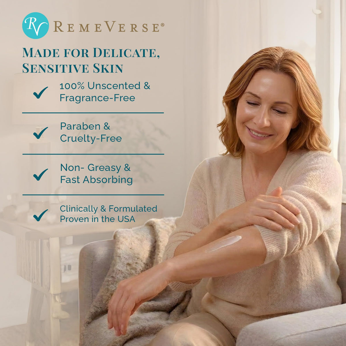 RemeVerse on bathroom vanity conveying daily-care gentle routine benefit