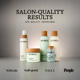 Remilia Hair bottle on bathroom vanity conveying spa-like scent and daily use