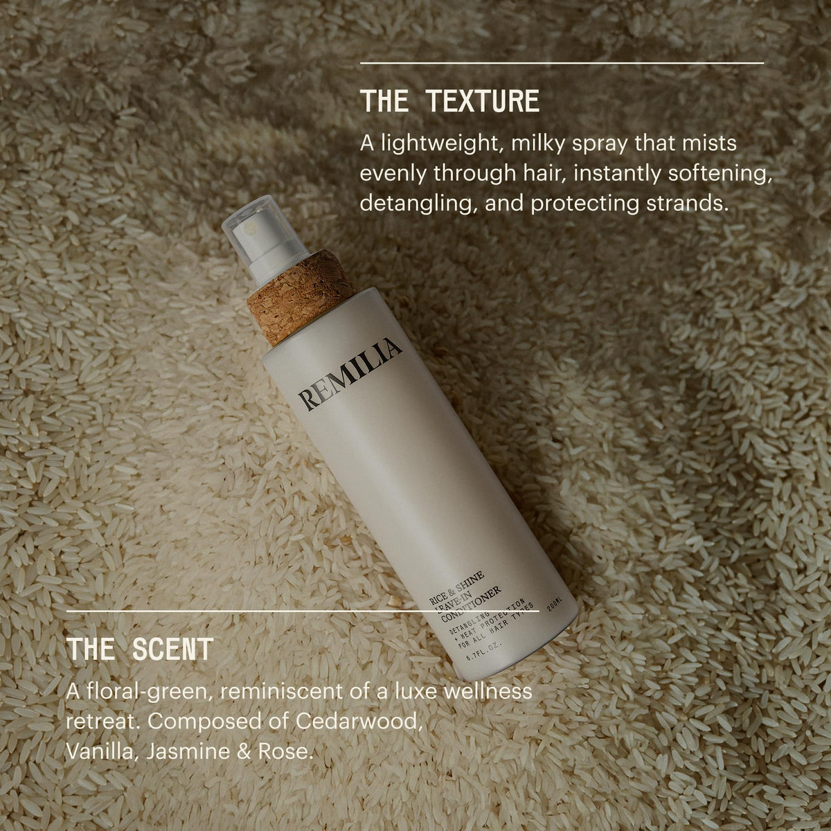 Remilia Hair milky spray texture on a strand smoothing frizz and tangles