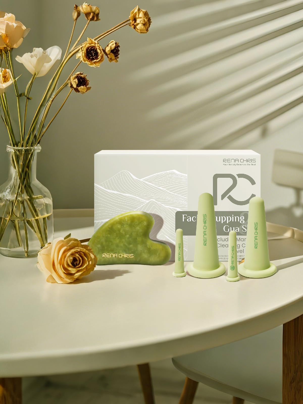 Rena Chris kit on bathroom vanity in lifestyle scene showing daily routine benefit