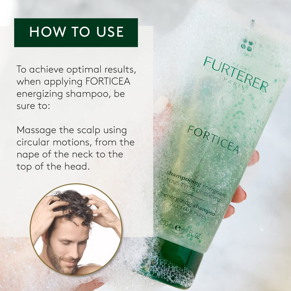René Furterer shampoo in hand being applied to wet hair for easy daily use