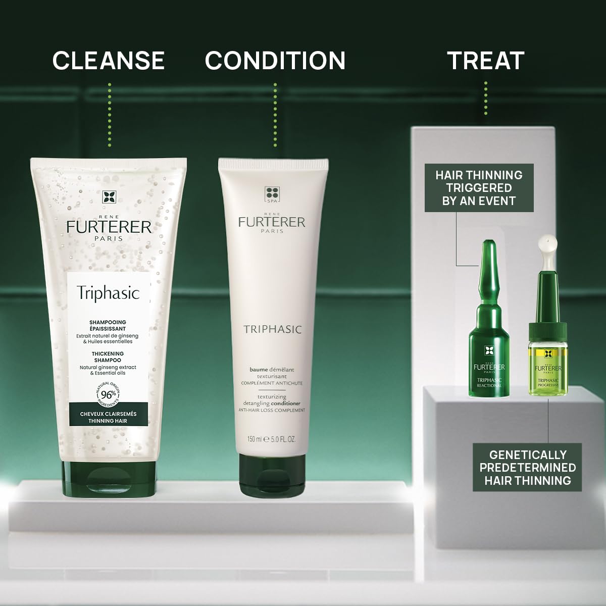 René Furterer bottle on bathroom shelf suggesting routine use and care benefits