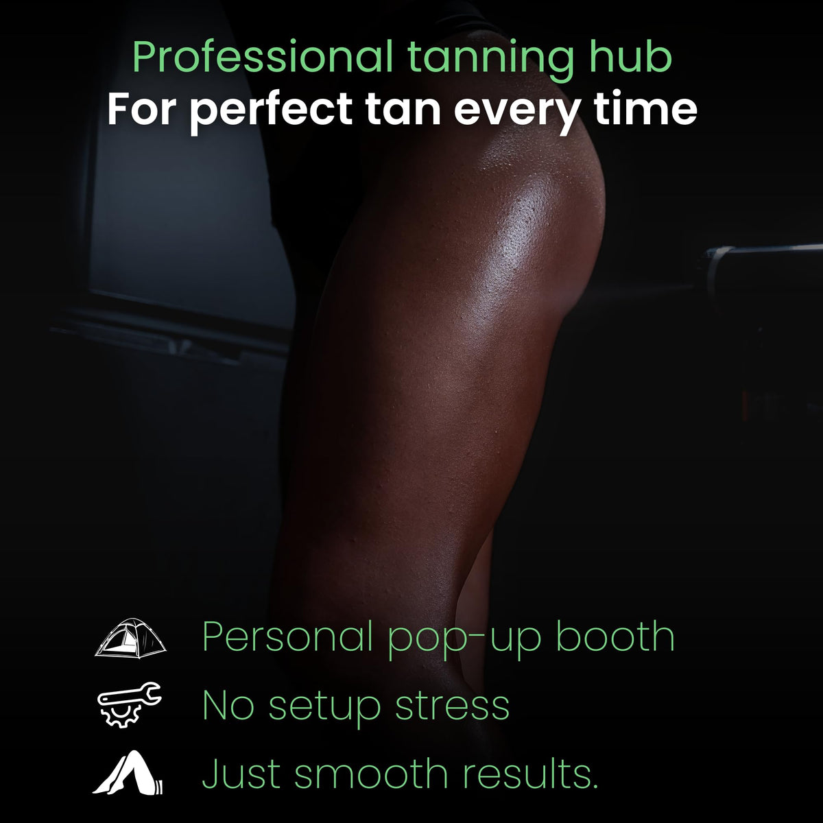 Reneebeautytan interior lit with model demonstrating even spray application visibility