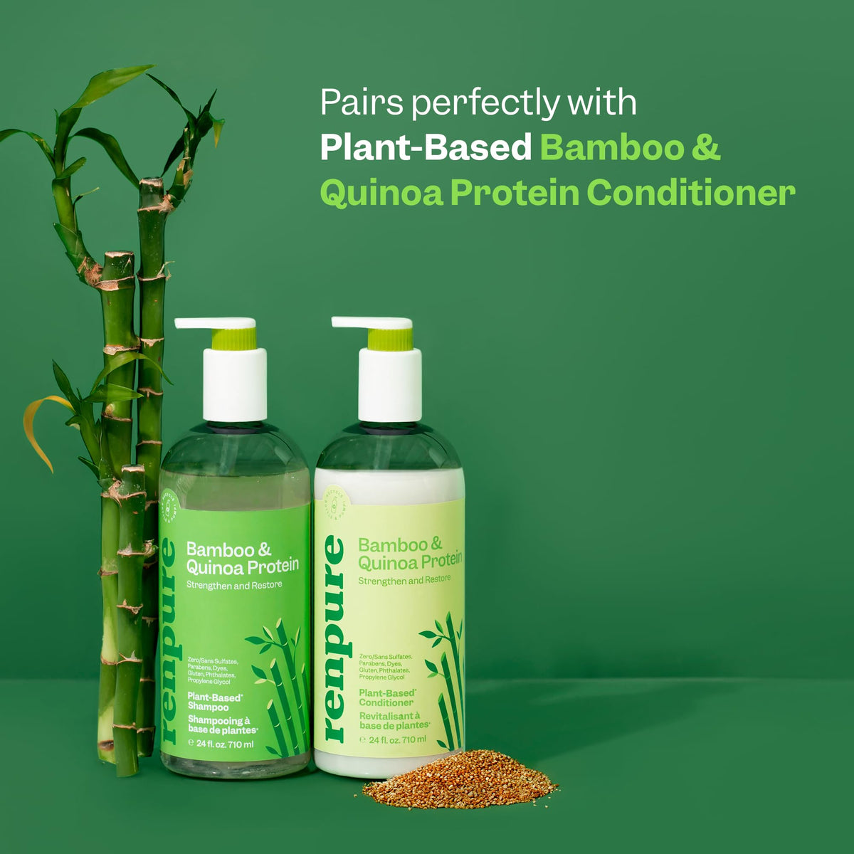 RENPURE bamboo and quinoa ingredients composition highlighting strength and hydration