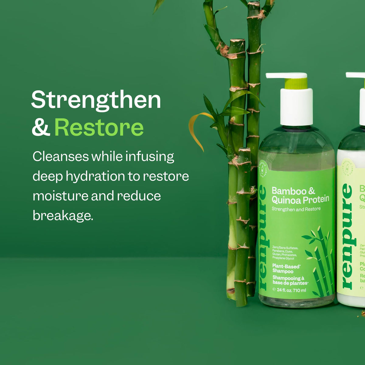 RENPURE pump and clear label highlighting plant-based ingredients and recyclable bottle