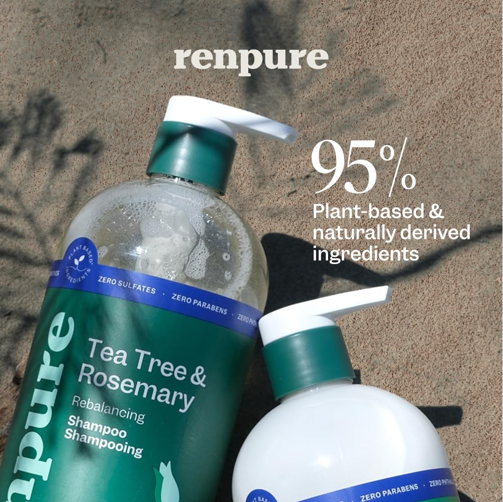 RENPURE close-up of label highlighting tea tree, rosemary and plant-based formula