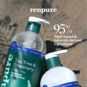 RENPURE close-up of label highlighting tea tree, rosemary and plant-based formula