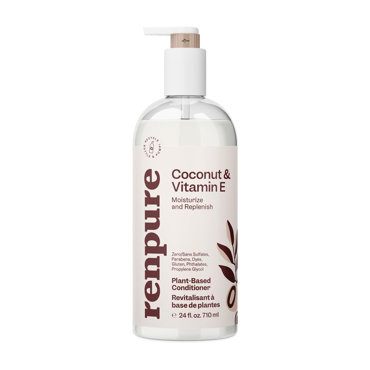 RENPURE front view of 24 oz coconut vitamin E conditioner, clear ingredient benefits
