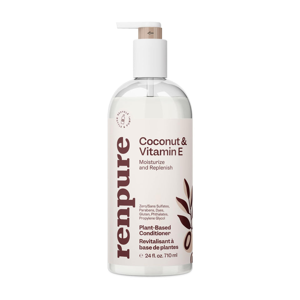 RENPURE front view of 24 oz coconut vitamin E conditioner, clear ingredient benefits