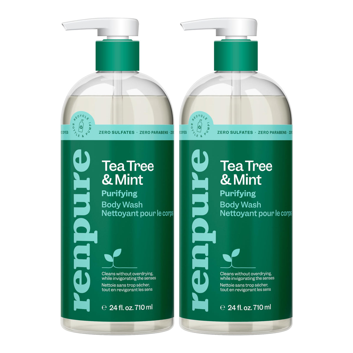 RENPURE front bottle showing tea tree and mint for a refreshing clean