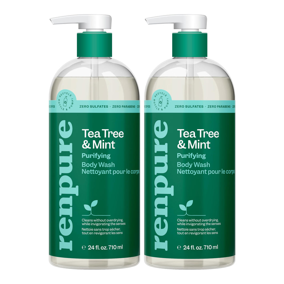 RENPURE front bottle showing tea tree and mint for a refreshing clean