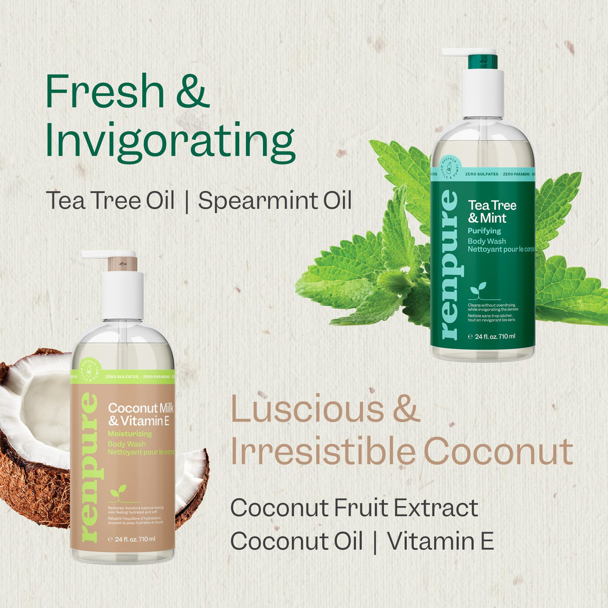 RENPURE in-shower use on a pouf showing invigorating refresh benefit