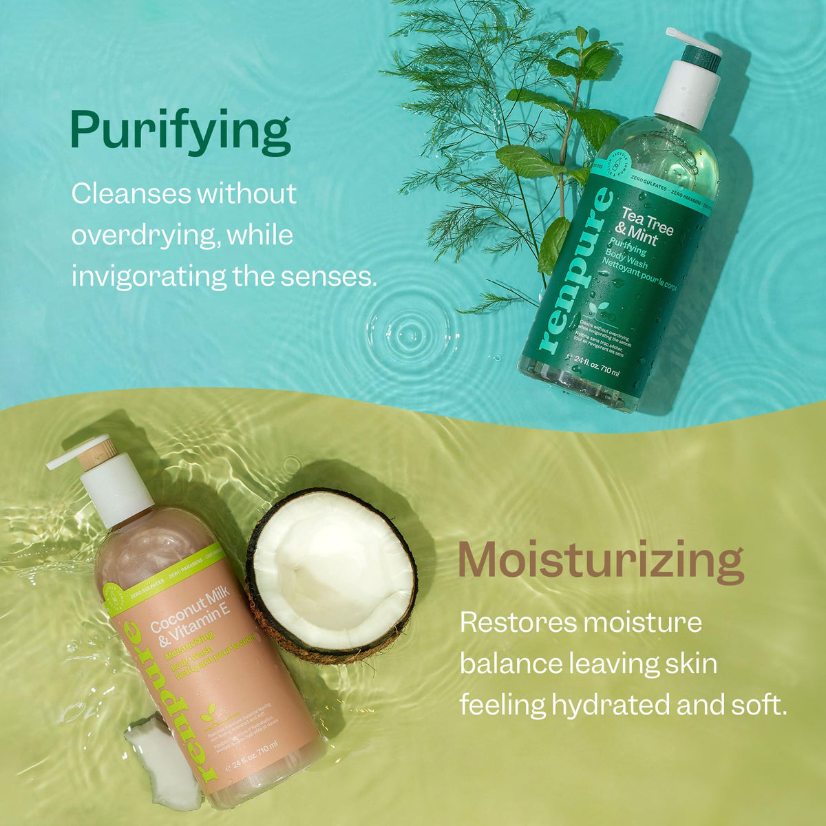 RENPURE Tea Tree & Mint bottle close-up highlighting label and pump benefit
