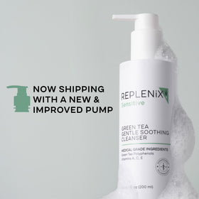 Replenix application on damp face demonstrating gentle massage to cleanse without irritation