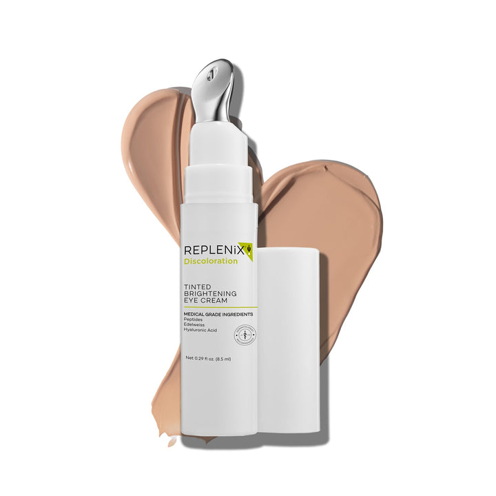 Replenix tube front packaging showing tinted eye cream benefits and easy application