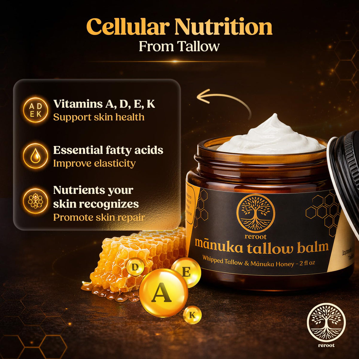 Label detail on Reroot Organics Manuka tallow jar showing 850+ MGO and grass-fed ingredients
