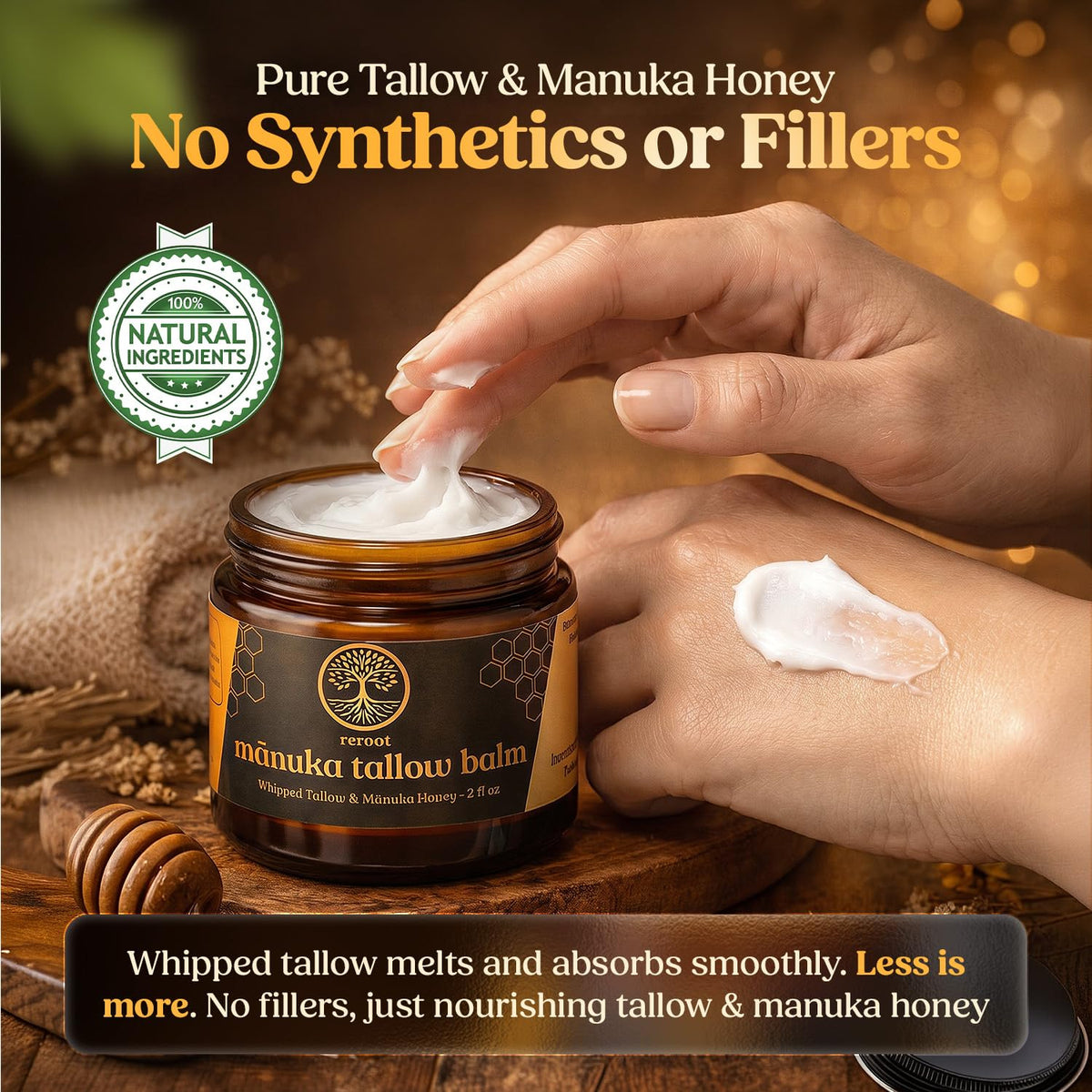 Using Reroot Organics Manuka tallow on lips and face to calm and hydrate dry areas